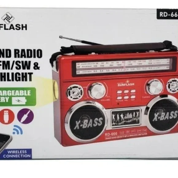 Red Portable Retro AM/FM/SW 3-Band Radio With Bluetooth & Flash Light Boombox